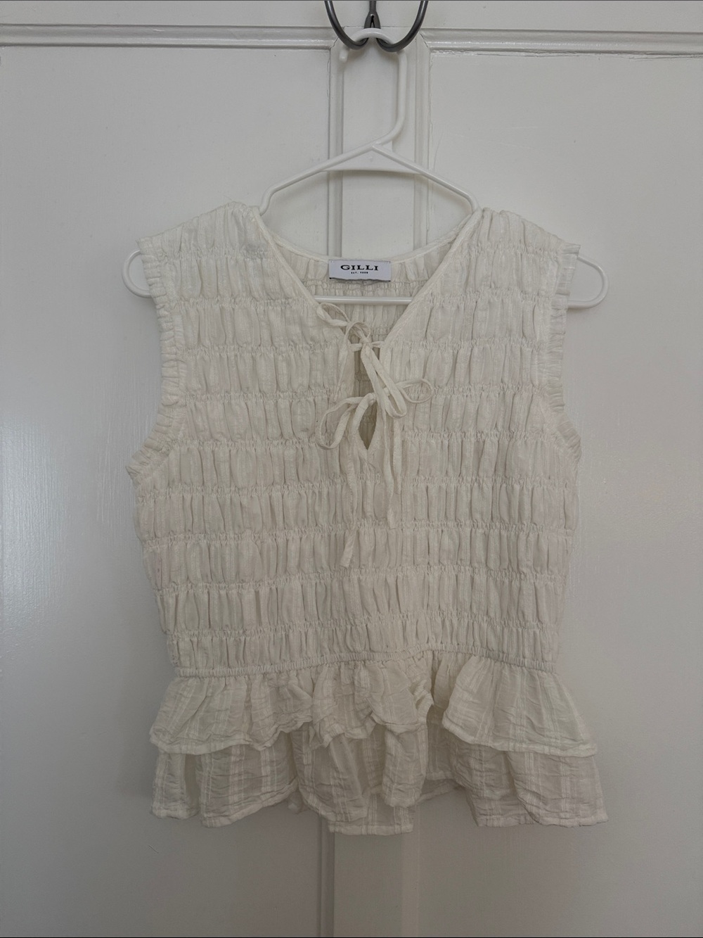 Gilli White Smocked Tie-Front Ruffle Peplum Top